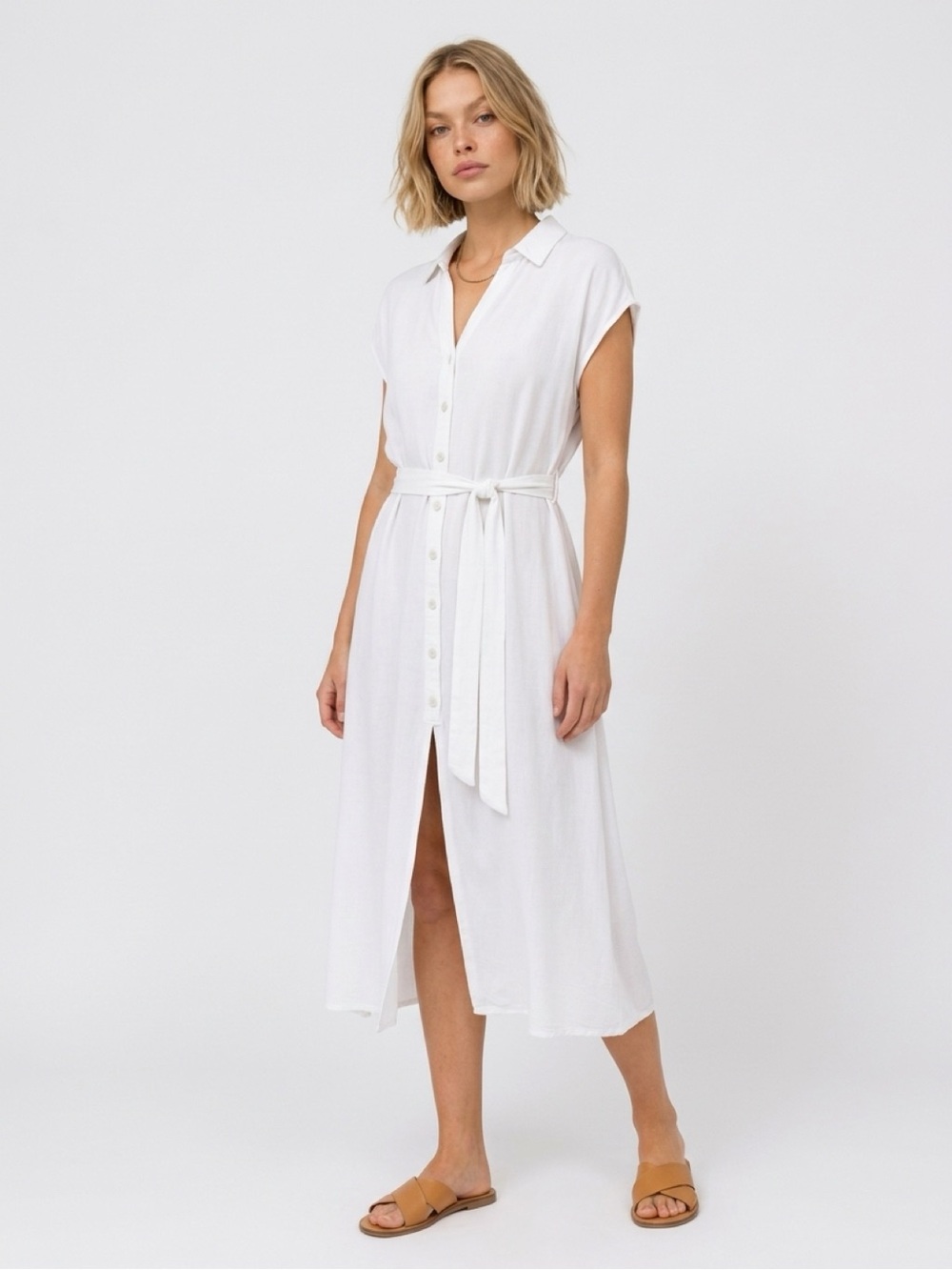 Another Story- Casual White Button-Front Maxi Dress with Tie Waist